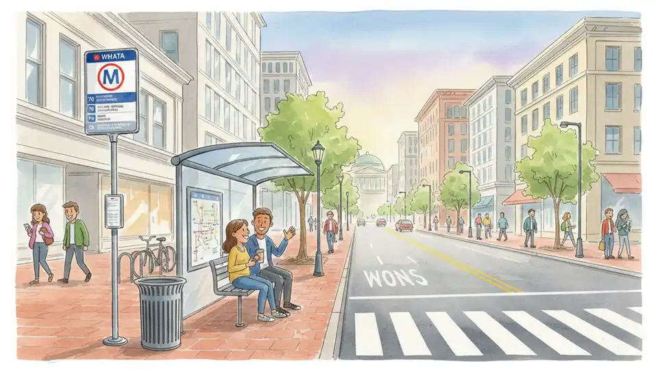 WMATA bus stop sign and shelter on 7th Street NW in downtown Washington DC, showing typical Metrobus stop infrastructure with route information display
