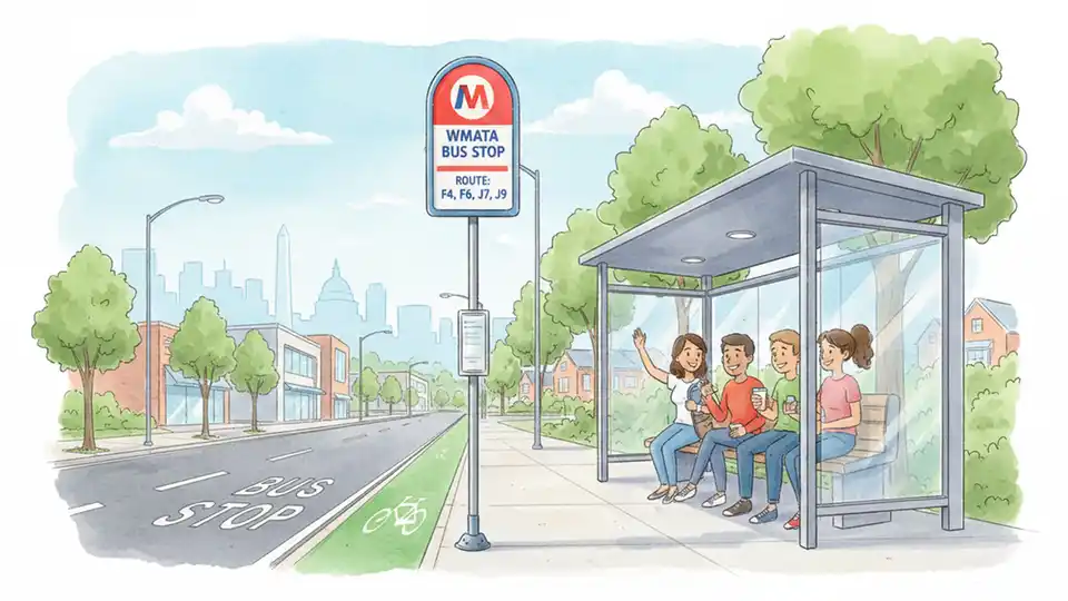 WMATA bus stop sign and shelter on East-West Highway with route information displayed