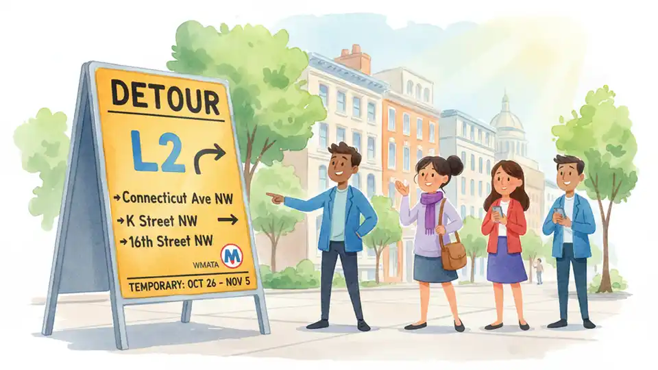 Metrobus route detour sign showing alternate path with street names in Northwest Washington DC