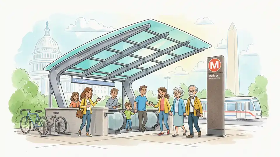 Metro escalator canopy structure, modern weatherproof design, protective covering over outdoor escalator entrance
