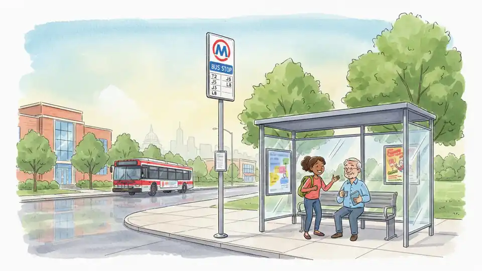 WMATA bus stop sign and shelter on Democracy Boulevard near Davis Library in Montgomery County