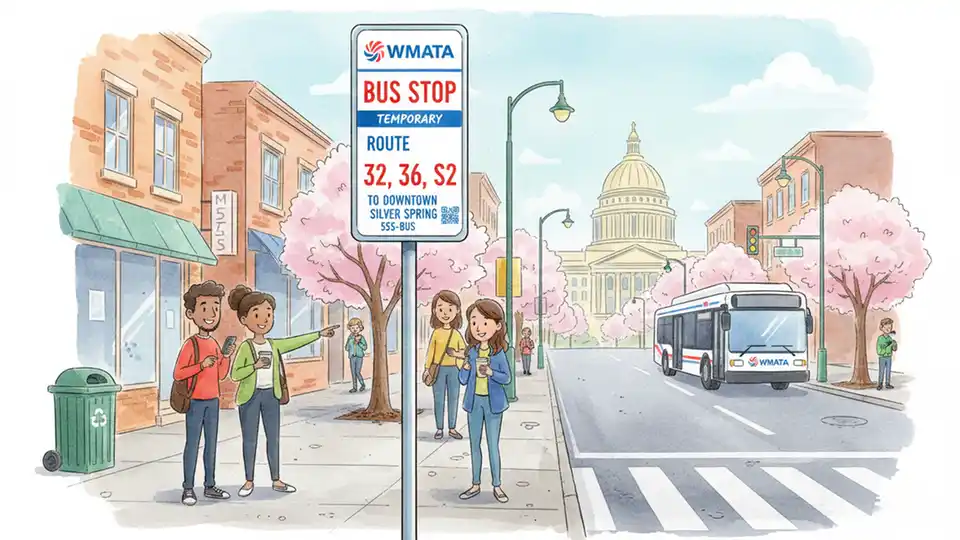 Temporary bus stop sign on urban street with WMATA route information displayed