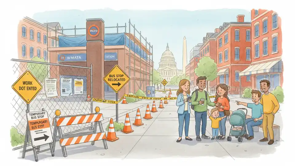 Temporary bus stop signage and construction barriers at transit station with riders waiting