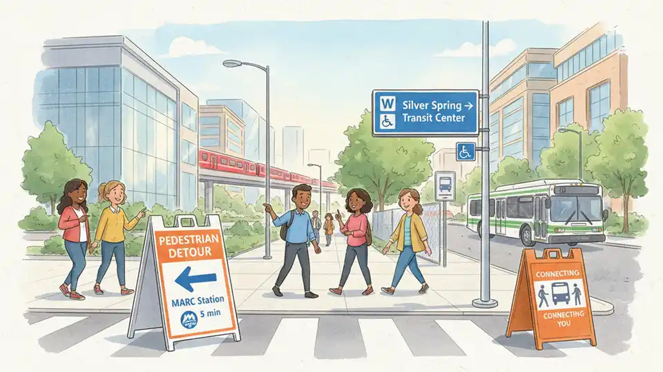 Pedestrian detour signage along Ripley Street directing transit customers between Silver Spring Transit Center and MARC platform