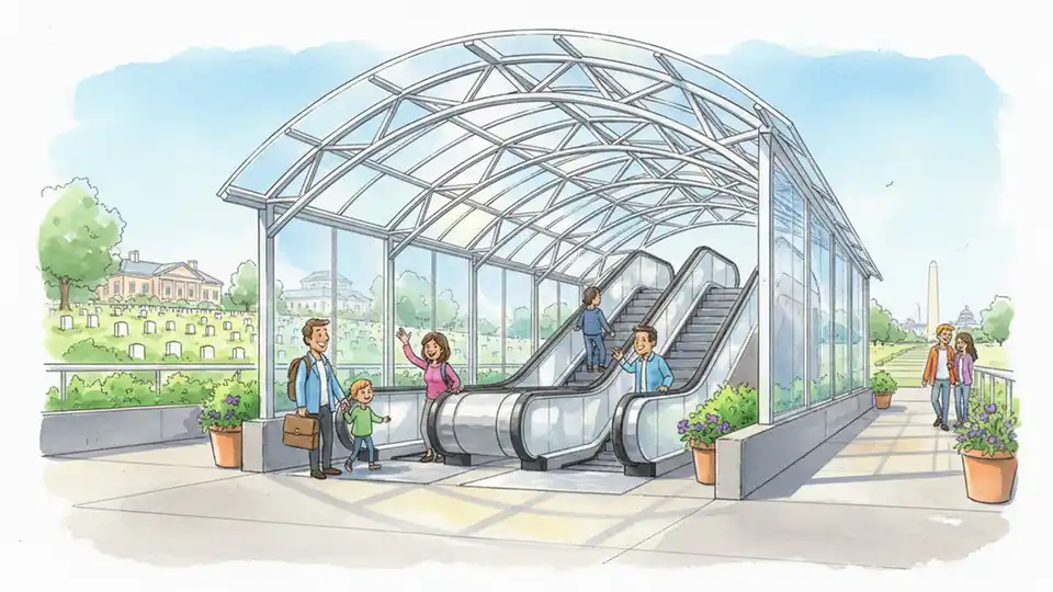 Metro Arlington Cemetery station escalator with weather protection canopy showing transparent skylight panels and steel support structure