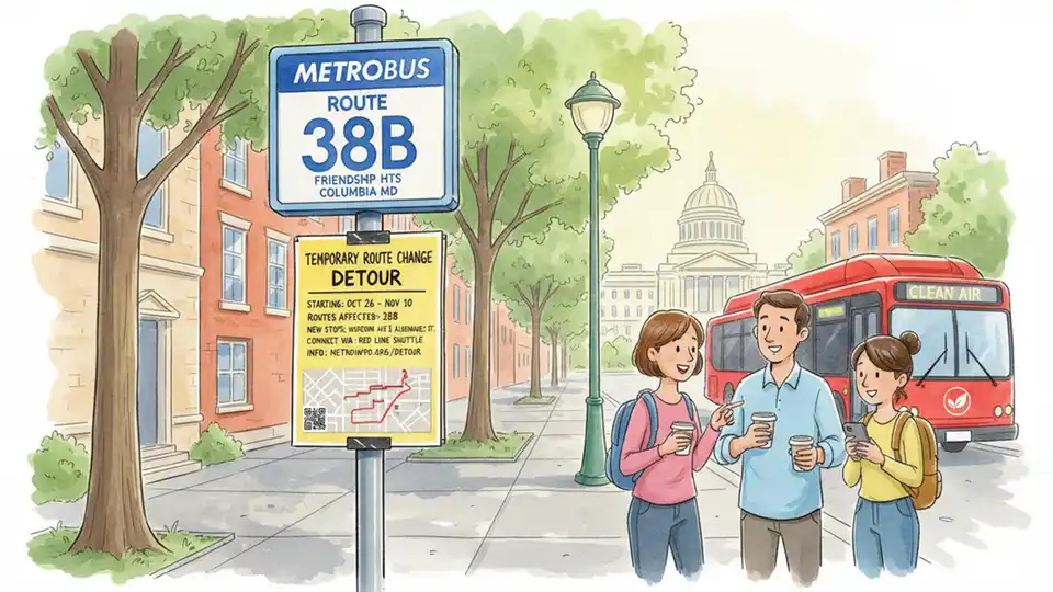 Bus stop sign showing detour notice with alternative route information