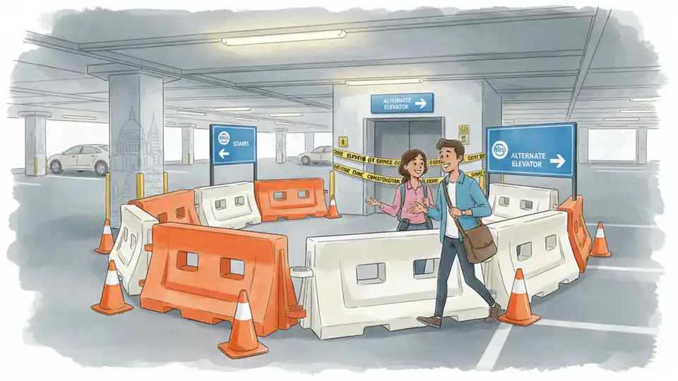 Description: Construction safety signage and barriers around elevator modernization work zone in transit parking facility. Alt text: Metro Glenmont parking garage elevator construction zone safety barriers. Composition: Angled view showing posted safety signs and construction barriers directing riders to operational elevators.