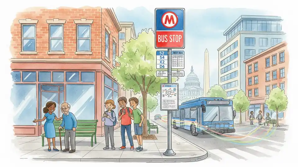 WMATA bus stop sign and pole with route information posted, showing typical transit stop infrastructure on an urban street