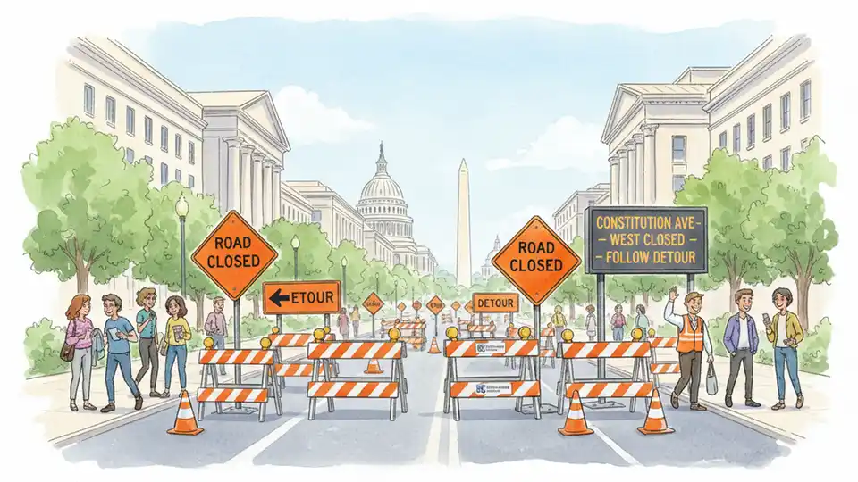 Downtown Washington DC street closure signs and detour markers near Constitution Avenue