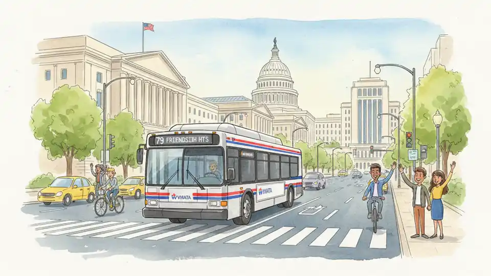 WMATA bus on Pennsylvania Avenue NW in downtown Washington DC with federal buildings visible in background