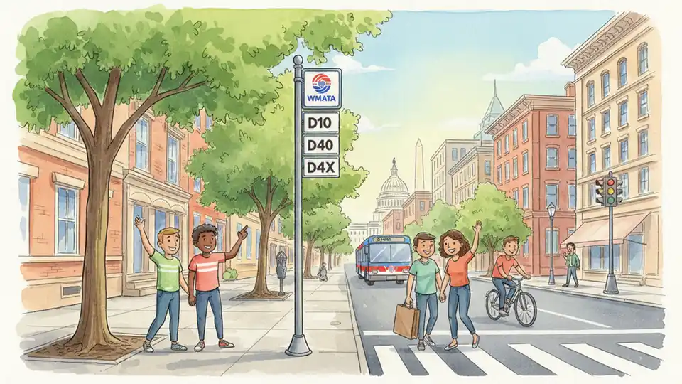 WMATA bus stop sign showing route numbers D10, D1X, D40, and D4X with downtown DC street scene