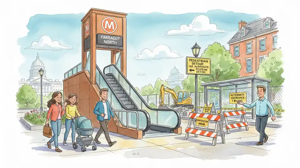 Metro station escalator entrance with construction barriers and pedestrian detour signage