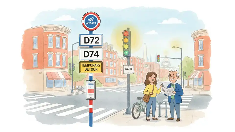 WMATA bus stop sign showing D72 and D74 route numbers on Connecticut Avenue with street intersection visible. Alt text: Metro bus stop sign for D72 D74 routes Connecticut Avenue Washington DC detour. Composition: Close-up of bus stop pole and route signage with Connecticut Avenue and Florida Avenue intersection in background.