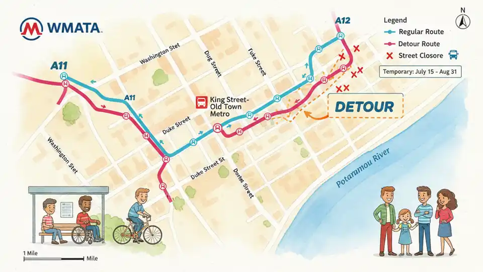 WMATA route map showing A11 and A12 bus lines with detour paths marked around Alexandria street closures
