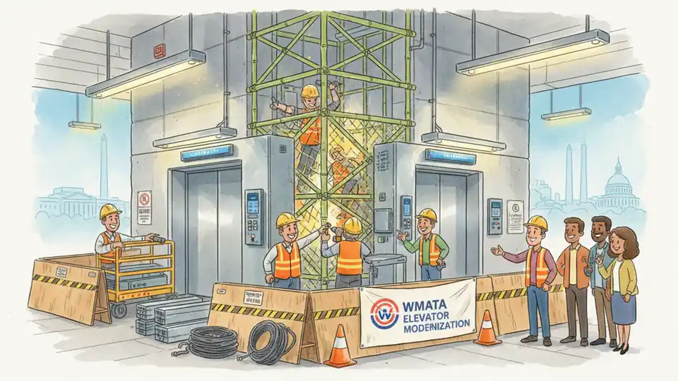 Metro station elevator modernization in progress showing construction equipment, updated safety features, and modern elevator components being installed at transit facility