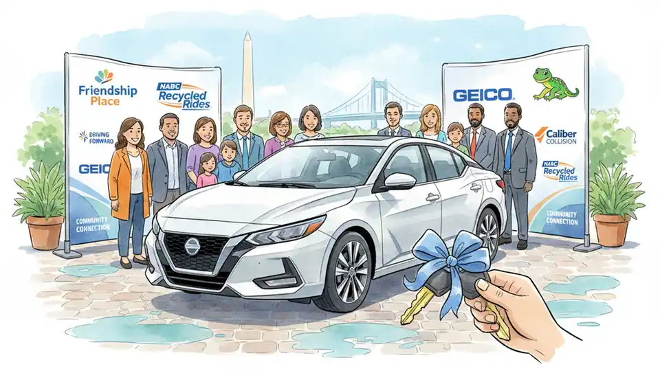 Refurbished 2022 Nissan Sentra sedan with keys being presented at a vehicle donation ceremony, showing partnership logos from Friendship Place, NABC Recycled Rides, Geico, and Caliber Collision