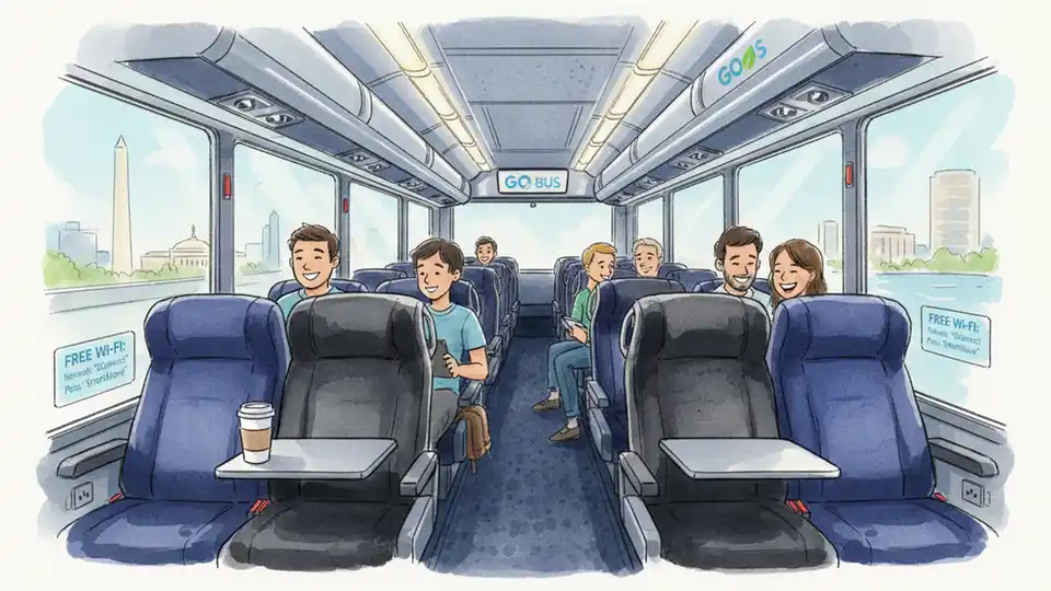 Interior of modern intercity bus showing passenger seats with Wi-Fi connectivity signage and onboard amenities