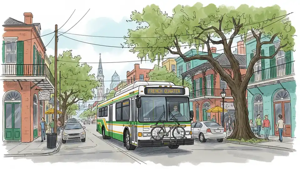 RTA bus on Magazine Street route with French Quarter destination sign visible