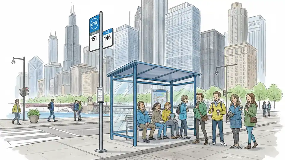 CTA bus stop sign and shelter at downtown Chicago intersection, passengers waiting, tall buildings in background