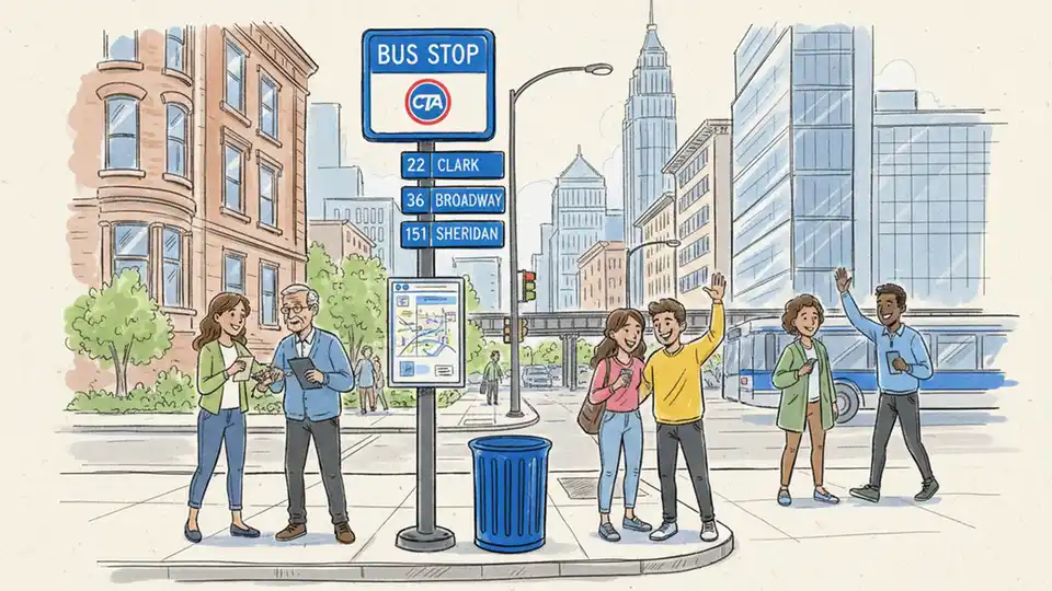 CTA bus stop sign and pole at Chicago street corner with route information
