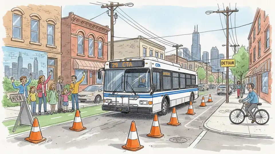 Chicago Transit Authority bus navigating detour route on South Side street with traffic cones visible