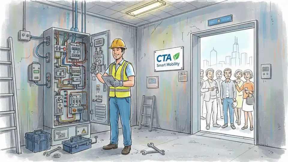 CTA elevator maintenance with technician working on elevator equipment at Chicago transit station, showing repair work in progress
