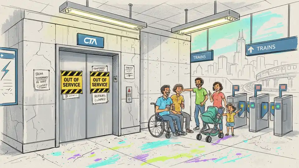 CTA elevator access point at downtown Chicago rail station with out of service signage