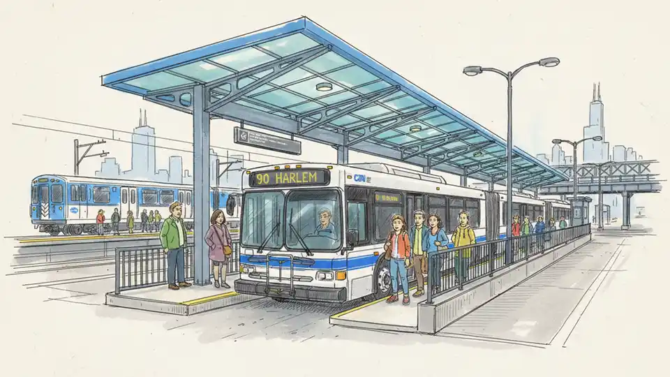 CTA route #90 Harlem bus at center bus bay on Harlem Blue Line station bus bridge, with passengers boarding and Blue Line trains visible in background