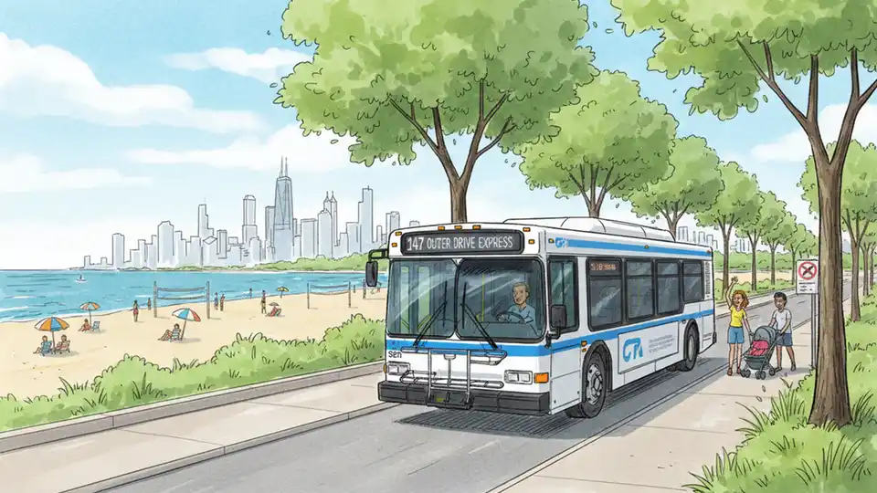 Chicago Transit Authority bus traveling along lakefront route with beach visible in background