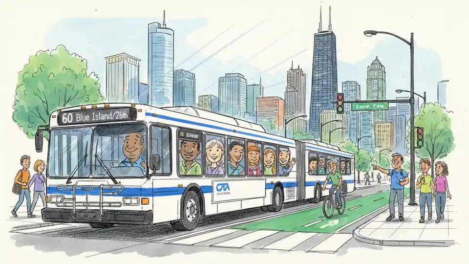 CTA Route 60 bus traveling on urban Chicago street with downtown buildings in background