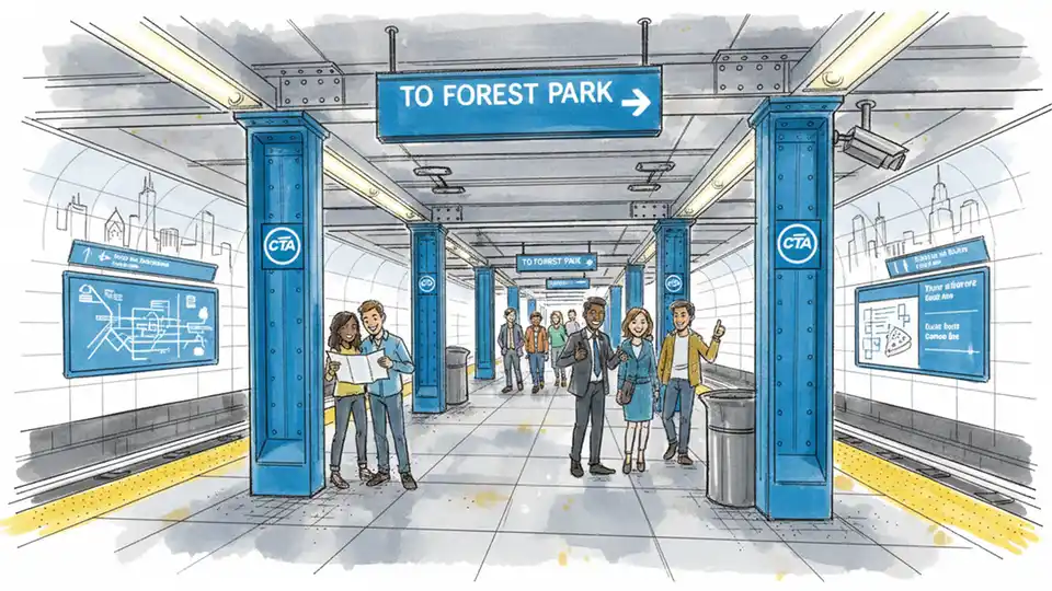 CTA Blue Line platform at downtown Chicago station showing Forest Park-bound side with directional signage