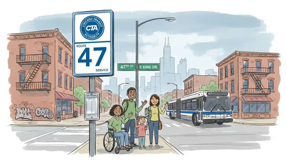CTA bus stop sign showing Route 47 service information with street intersection visible in background on Chicago's South Side. Alt text: CTA Route 47 bus stop sign Chicago 47th Street detour. Composition: Close-up of route sign with street name visible, urban context showing typical South Side streetscape.