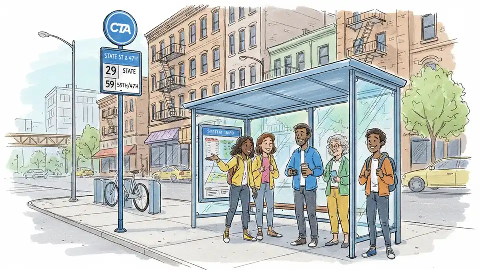 CTA bus stop sign and shelter on State Street in Chicago's South Side with route information displayed