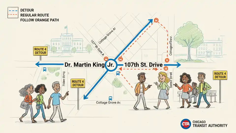 CTA bus route map showing detour path with King Drive and 107th Street intersection