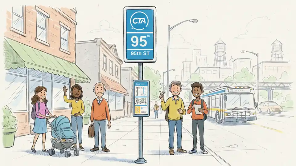 CTA bus stop sign on Chicago's South Side with route 95 service information