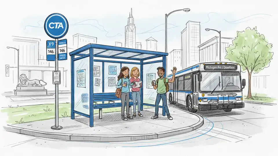 Chicago Transit Authority bus stop sign and shelter at street corner with route number display