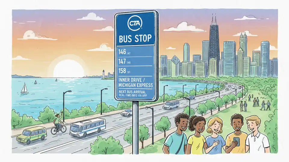 CTA bus stop sign on Inner Lake Shore Drive with route numbers displayed