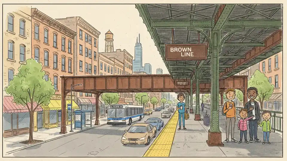 Chicago CTA Brown Line elevated station platform with bus stop visible below at street level
