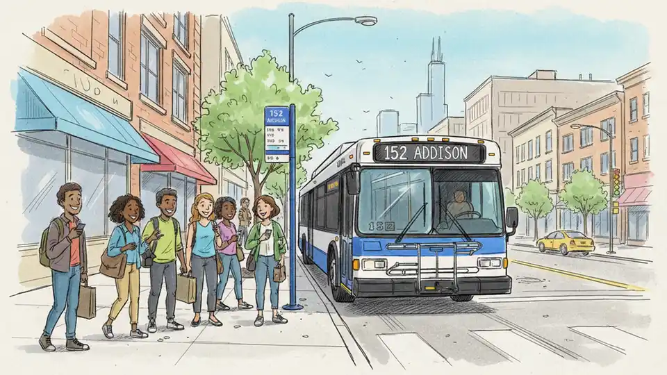 CTA bus route 152 Addison at urban bus stop with passengers waiting to board