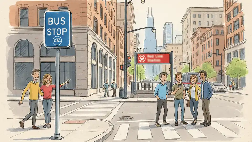 CTA bus stop sign at urban street corner intersection with Red Line station entrance visible in background