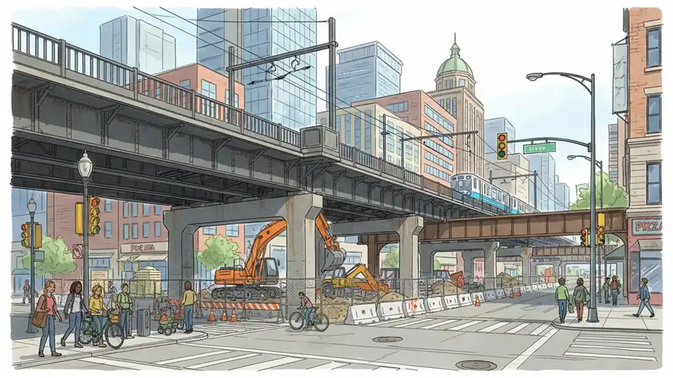 Chicago Avenue viaduct with construction equipment and transit infrastructure visible