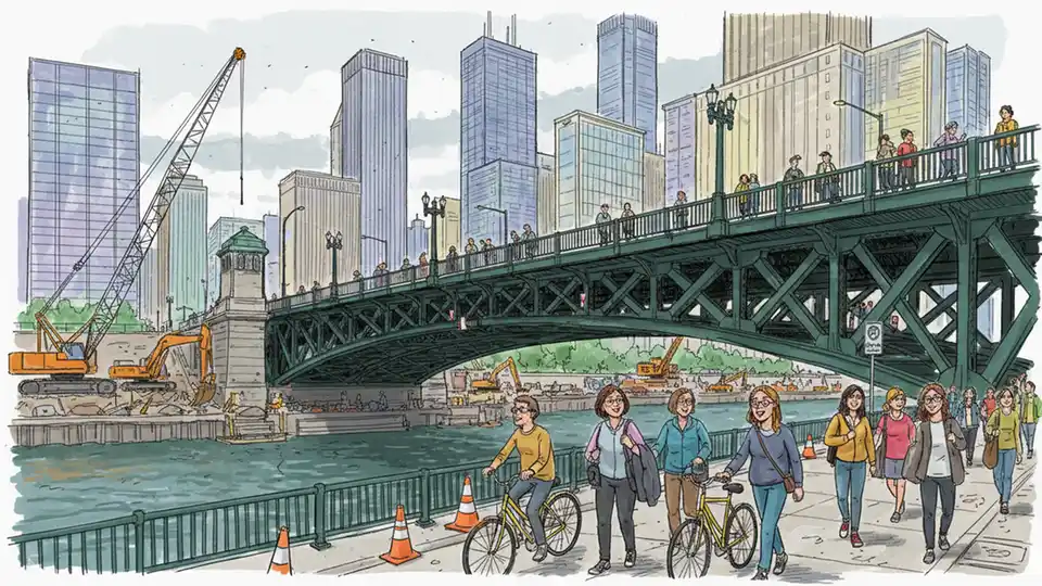 Chicago River bridge with construction equipment and urban infrastructure visible