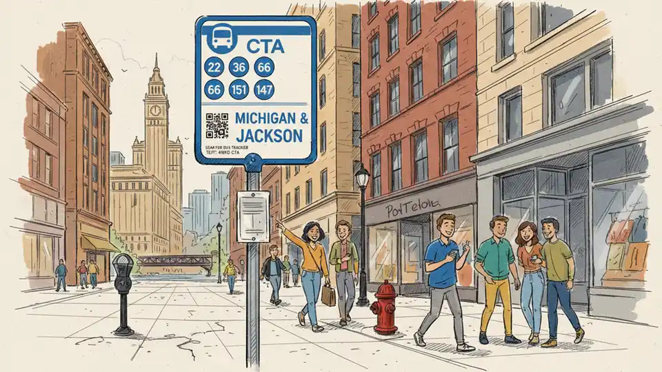 Chicago bus stop sign showing route numbers with street intersection in urban setting