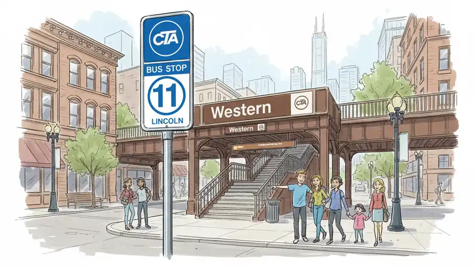 CTA bus stop sign showing route #11 Lincoln with Western Brown Line station entrance in background