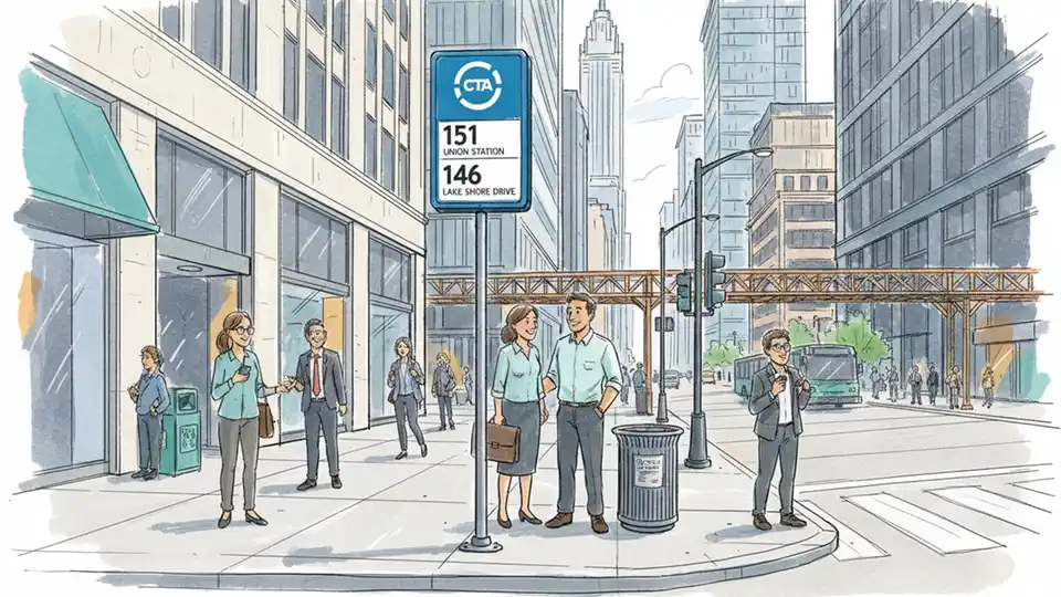 Chicago Transit Authority bus stop sign at downtown Loop intersection with pedestrians waiting