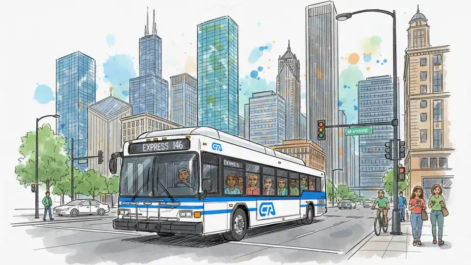 CTA express bus traveling on Michigan Avenue in downtown Chicago with Loop buildings in background