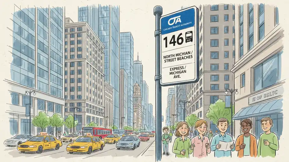 CTA bus stop sign showing route #146 and #148 with downtown Chicago street scene