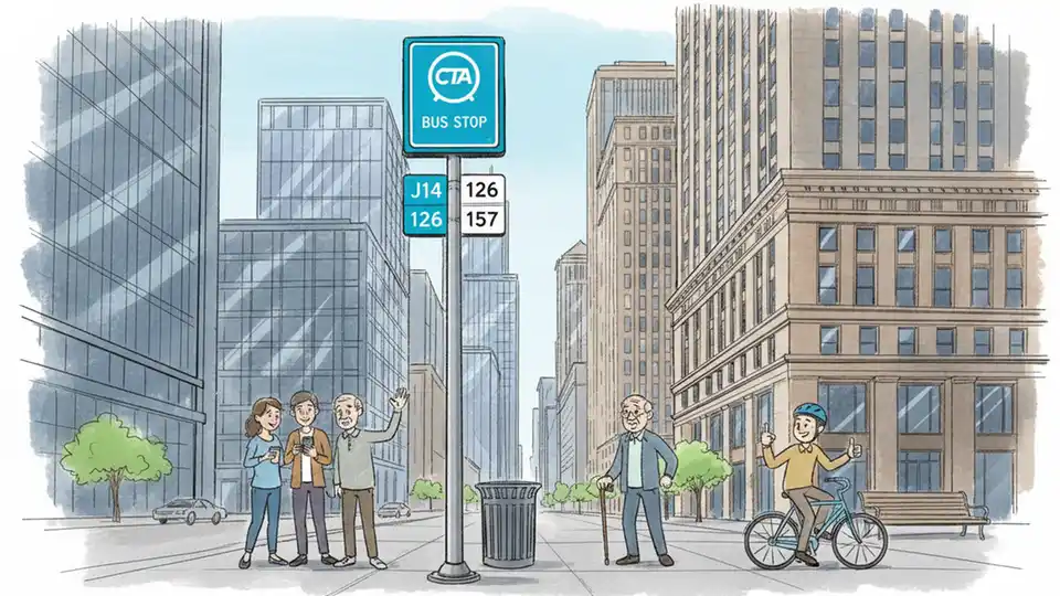 CTA bus stop sign on Jefferson Street with downtown Chicago buildings in background