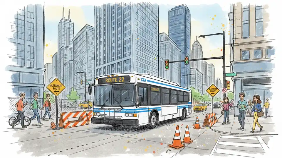 CTA bus approaching downtown Chicago intersection with construction barriers and detour signage visible in urban setting
