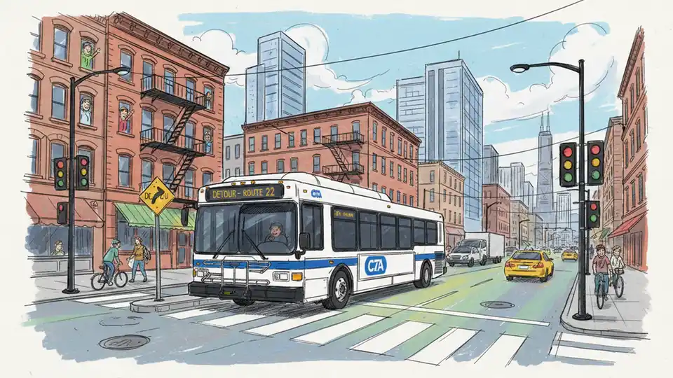 CTA bus navigating detour route on Chicago street with traffic signals and urban buildings in background